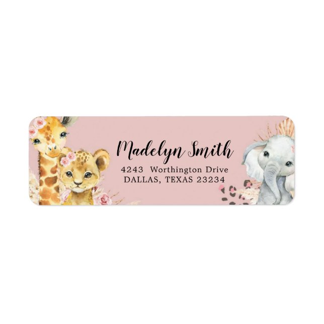 Pink Boho Safari Party Animals Girl-Adressetikett (Vorne)