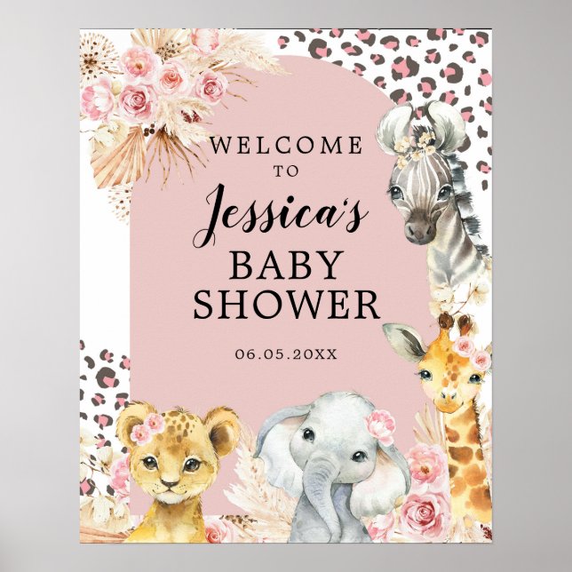 Pink Boho Safari Party Animaux Fille Affiche de bi (Devant)