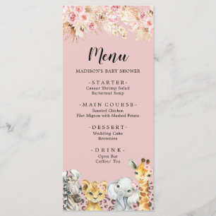 Pink Boho Safari Party Animaux Menu Baby shower