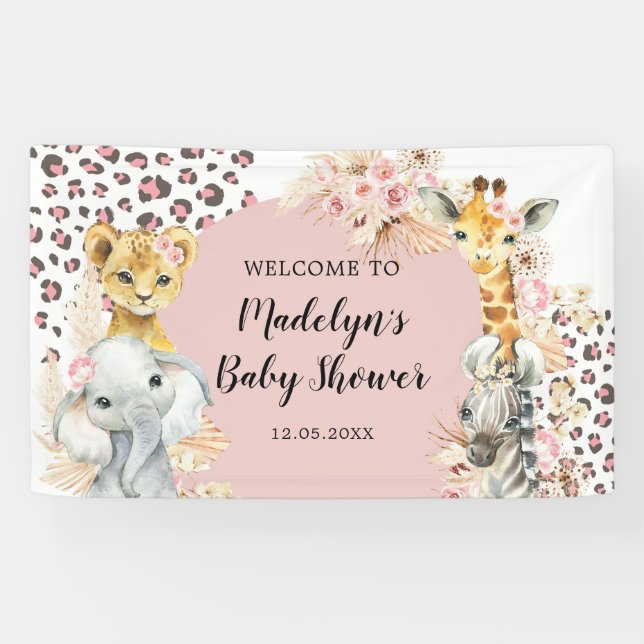 Pink Boho Safari Party Tiere Girl Grosses Banner (Horizontal)