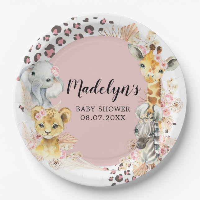 Pink Boho Safari Party Tiere Girl Paper Plate Pappteller (Vorderseite)