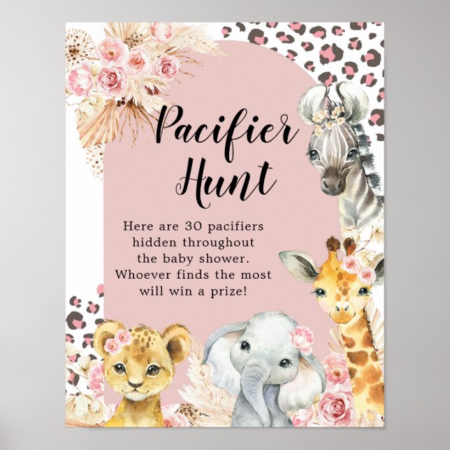 Pink Boho Safari Party Tiere Girl Schnuller Jagd Poster (Vorne)