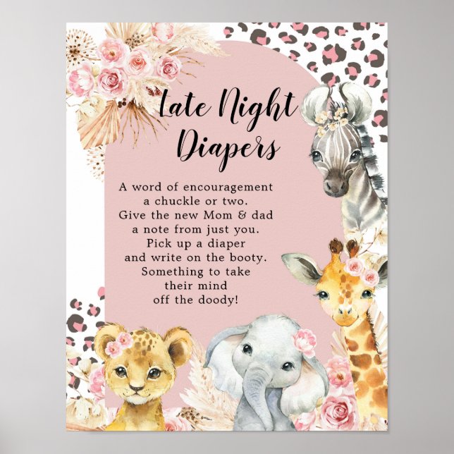 Pink Boho Safari Party Tiere Spätabend Windeln Poster (Vorne)
