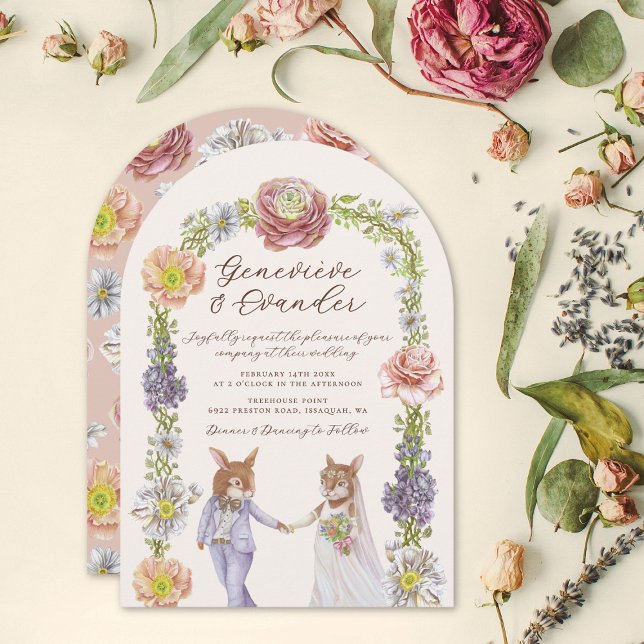 Pink Boho Sonnige Liebe Wasserfarben Blumenzwiebel Einladung (Boho bunny rabbit themed arched wedding invitation.)