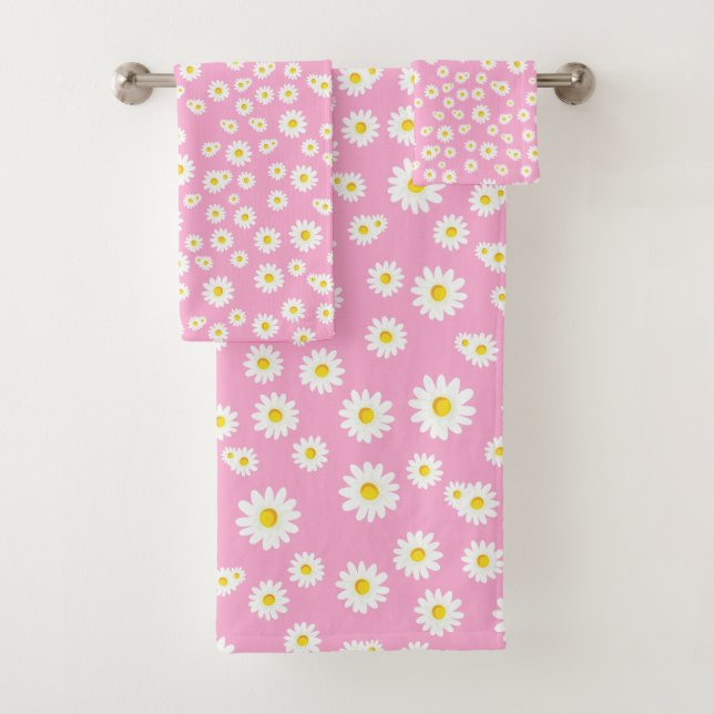 Pink Boho Spring Daisies Pattern Badhandtuch Set (Insitu)