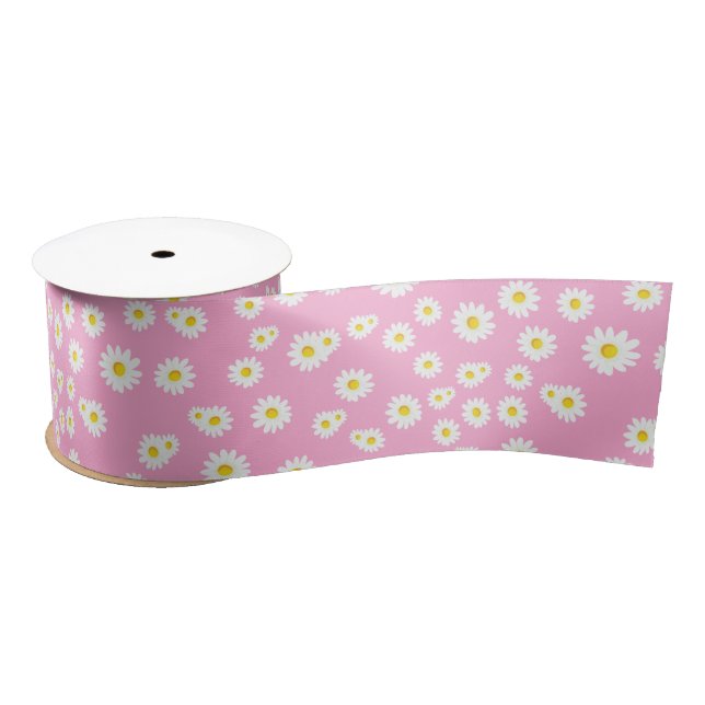 Pink Boho Spring Daisies Pattern Satinband (Spule)