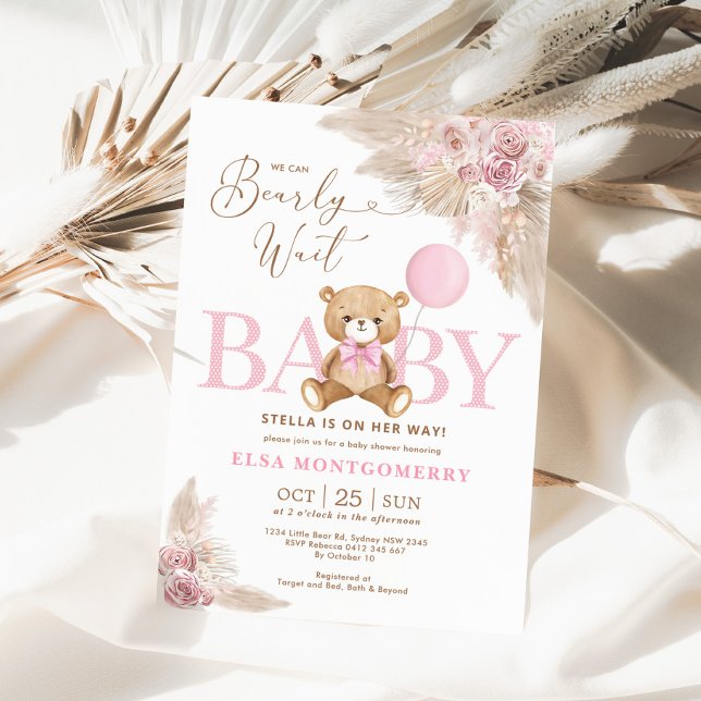 Pink Boho Teddy Bear Pampas Grass Girl Baby Dusche Einladung (Von Creator hochgeladen)