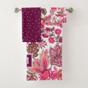 Pink Boho Vintag Floral Monogramm Badhandtuch Set