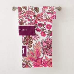 Pink Boho Vintag Floral Monogramm Badhandtuch Set