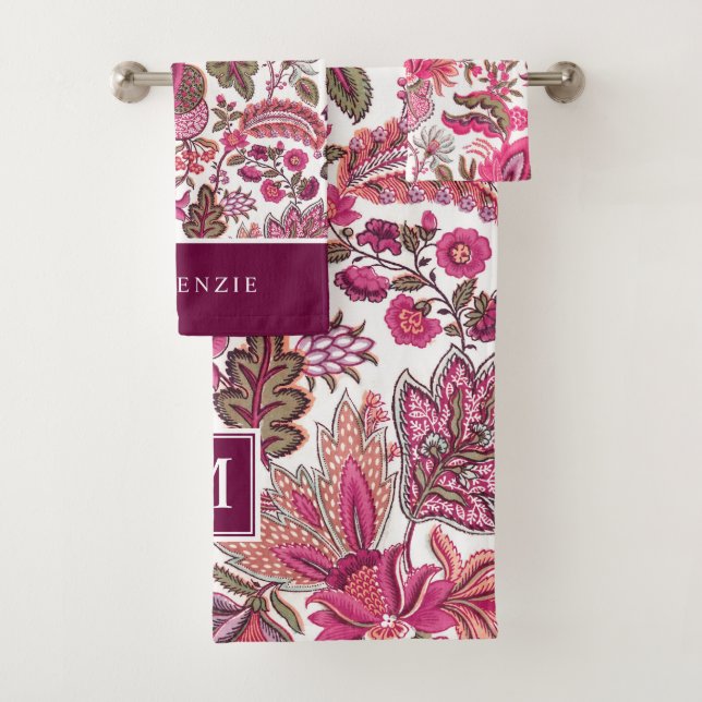 Pink Boho Vintag Floral Monogramm Badhandtuch Set (Insitu)