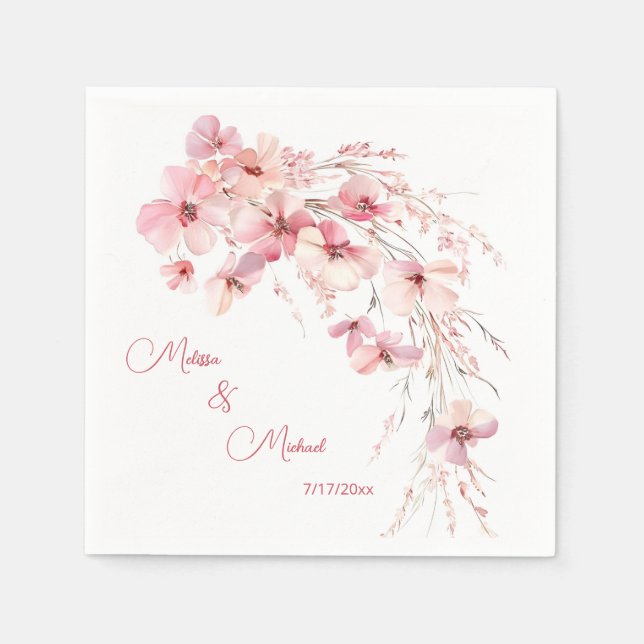 Pink Boho Wasserfarbe Blume Ihre Namen Hochzeit Serviette (Vorderseite)