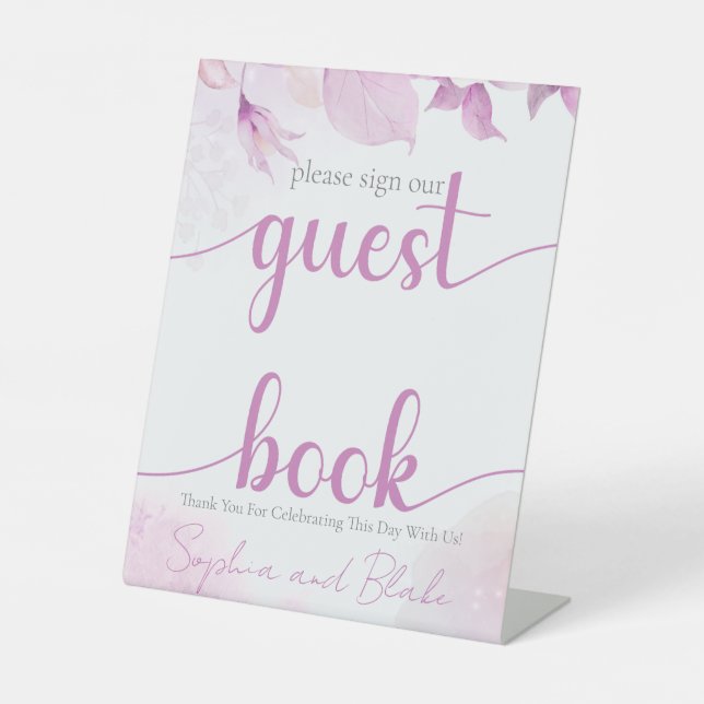 Pink Boho Wedding Guest Book Pedestal Schild (Vorderseite)