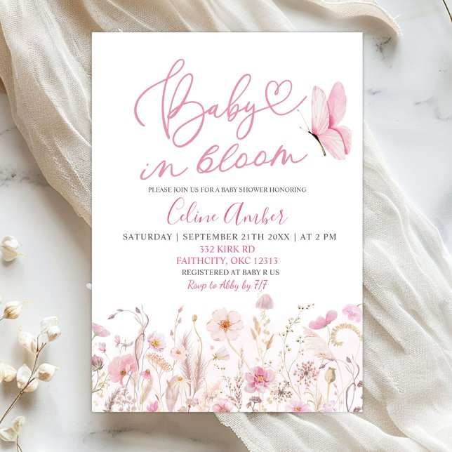 Pink Boho Wildflower Baby in Bloom Baby Shower Einladung (Von Creator hochgeladen)