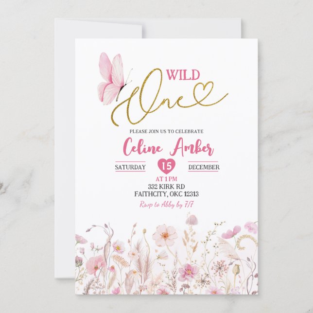 Pink Boho Wildflower Butterfly First Birthday Einladung (Vorderseite)