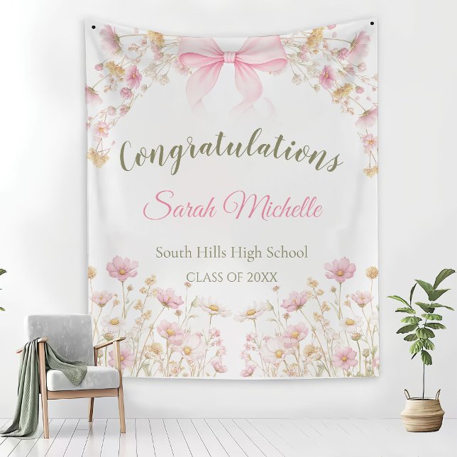 Pink Boho Wildflowers Graduation Party Wandteppich (Von Creator hochgeladen)