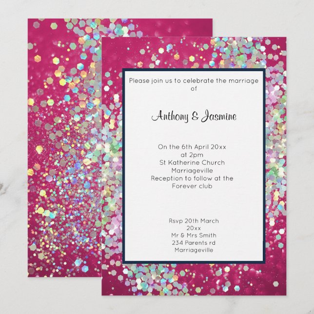 PINK BOKEH NAVY TRIM HOLOGRAPHIC PASTEL WEDING EINLADUNG (Vorne/Hinten)