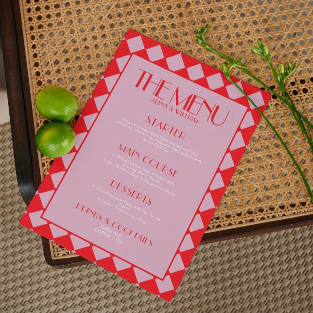 Pink Bold Funky Retro Checkerboard Wedding Menu Menükarte (Von Creator hochgeladen)