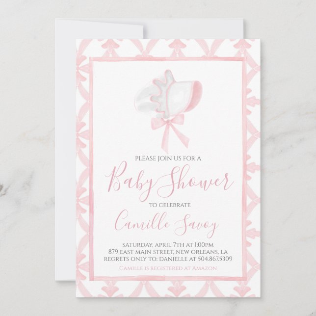 Pink Bonnet Girl Baby Dusche Preppy Süd Einladung (Vorderseite)