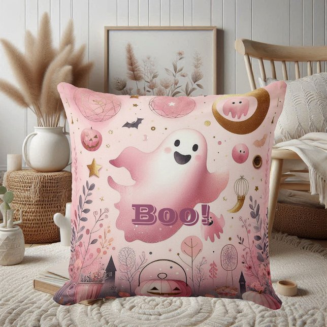 Pink Boo Friendly Ghost Halloween Kürbislaterne Kissen (Pink Boo Friendly Ghost Halloween Jack o lantern Throw Pillow)