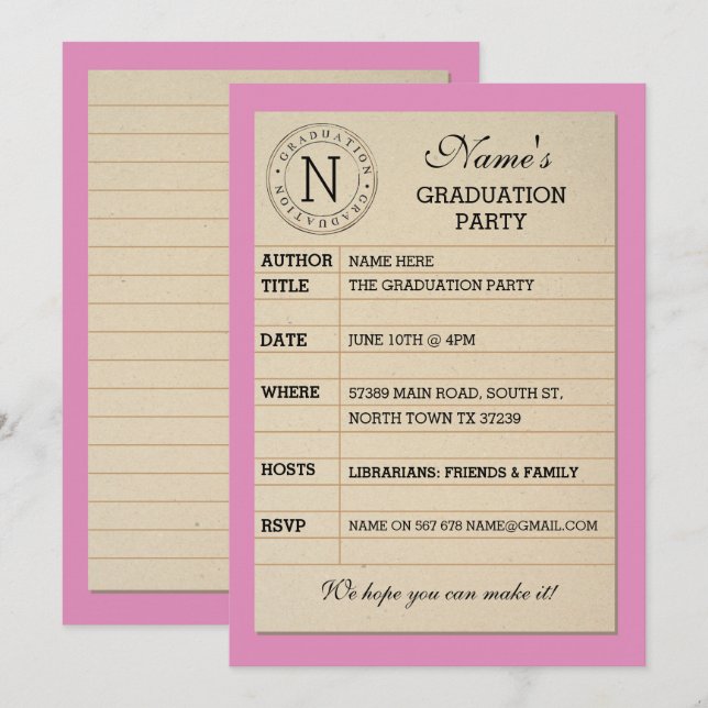 Pink Book Invite der Library Card Graduation Party Einladung (Vorne/Hinten)
