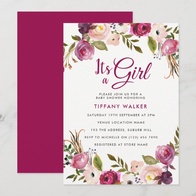 Pink Botanical Floral Girl Kinderdusche Einladung (Vorne/Hinten)