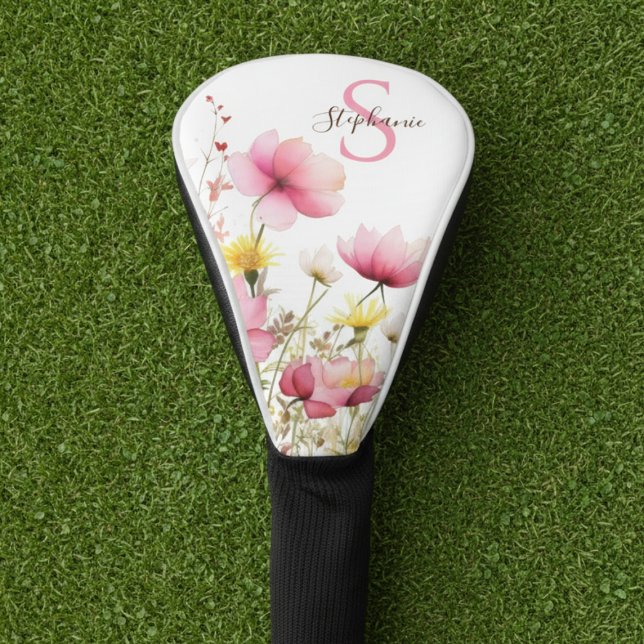 Pink Botanical Floral Monogram Golf Headcover (Pink wildflower floral monogram golf head cover)