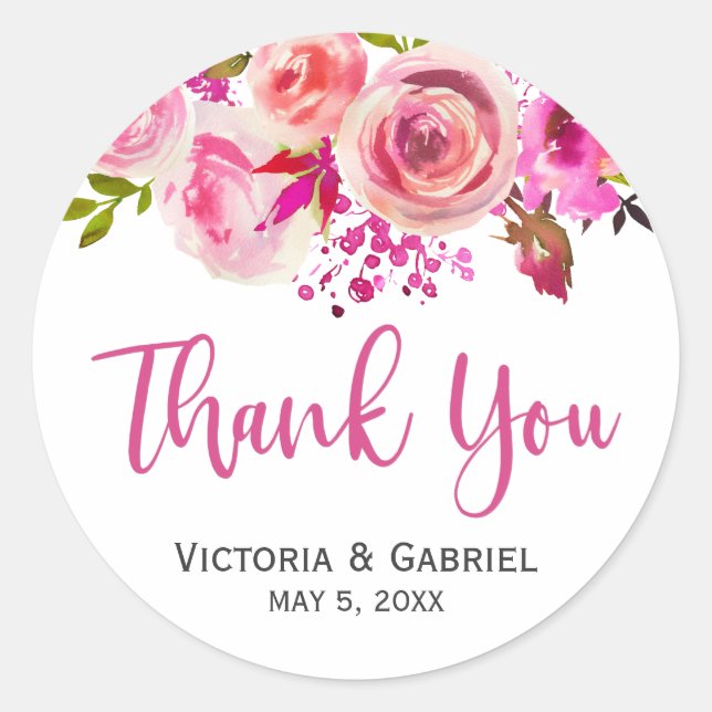 Pink Botanical Floral Wedding Vielen Dank Runder Aufkleber (Vorderseite)