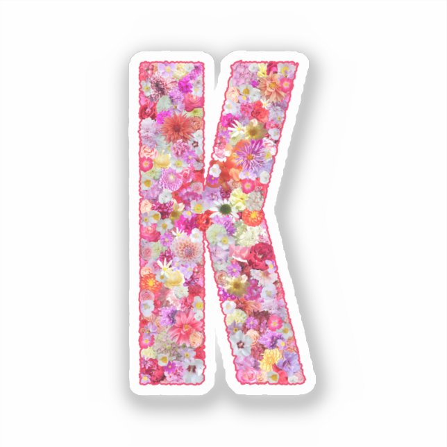 Pink Botanical Monogram Floral Letter K Initial Aufkleber (Vorderseite)