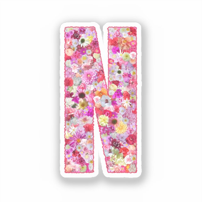Pink Botanical Monogram Floral Letter N Initial Aufkleber (Vorderseite)