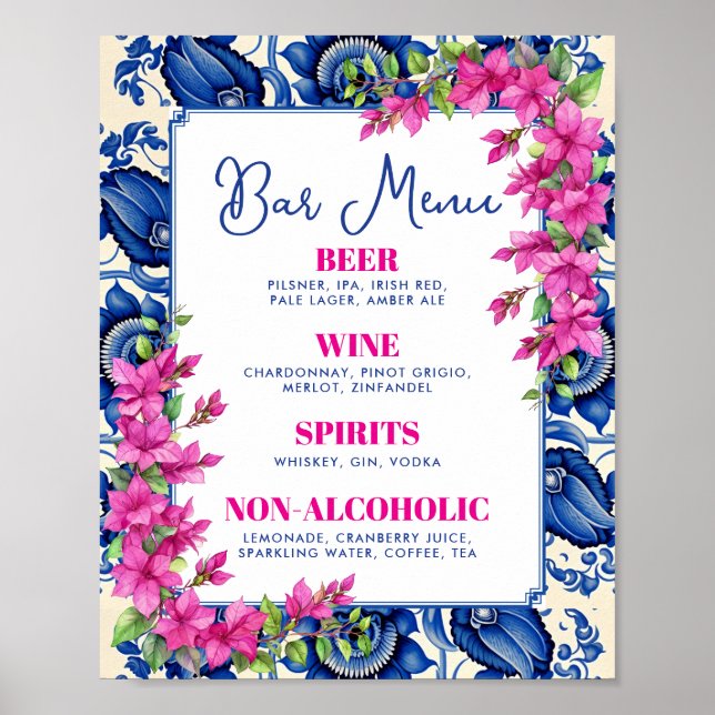 Pink Bougainvillea Blue Tile Bar Sign Poster (Vorne)