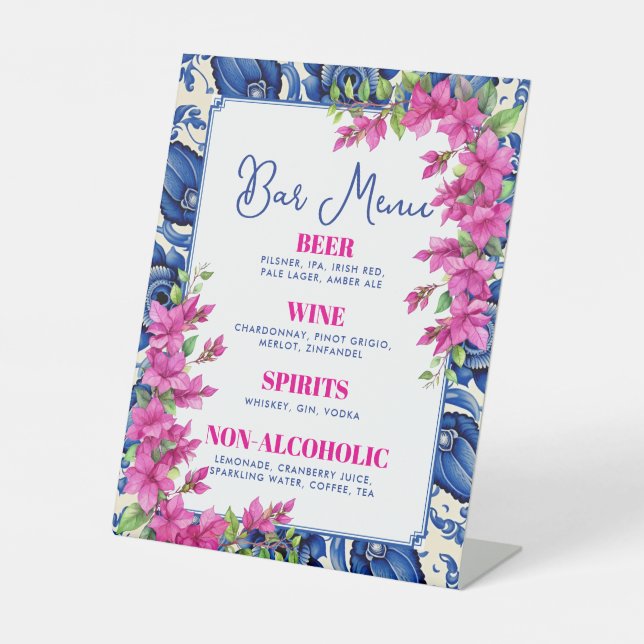 Pink Bougainvillea Blue Tile Bar Sign Sockelschild (Vorderseite)