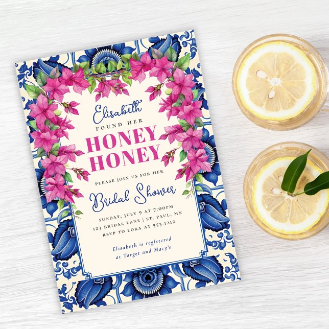 Pink Bougainvillea Blue Tile Brautparty Einladung (Pink Bougainvillea Blue Tile Bridal Shower Invitation)