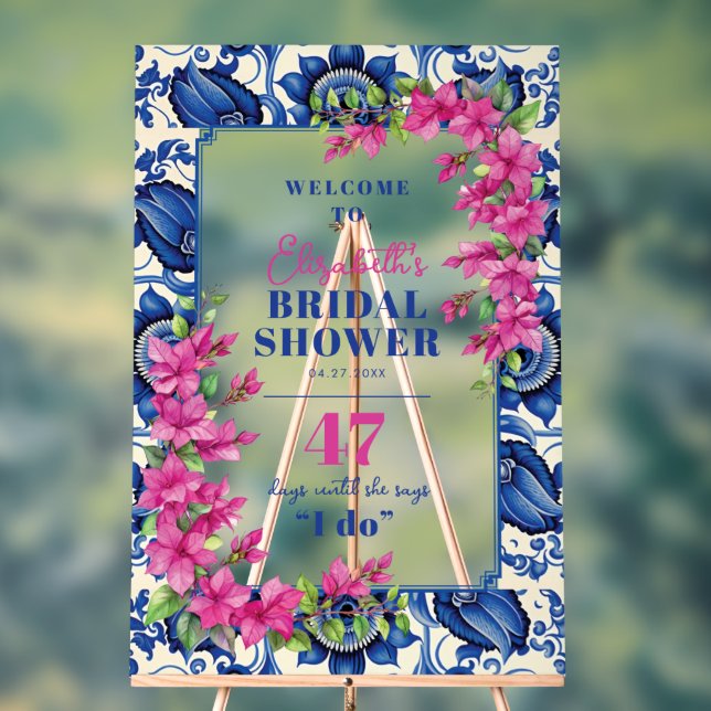 Pink Bougainvillea Blue Tile Brautparty Empfang Acrylschild (Neutral)