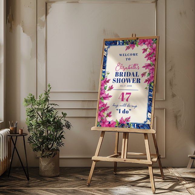 Pink Bougainvillea Blue Tile Brautparty Empfang Poster (Pink Bougainvillea Blue Tile Bridal Shower Welcome Poster)