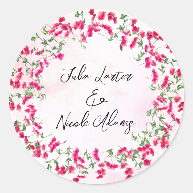 Pink Bougainvillea Tropical Forest Wreath Wedding Runder Aufkleber (Vorderseite)