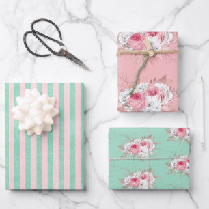 Pink Bouquet und passende Streifen Geschenkpapier Set