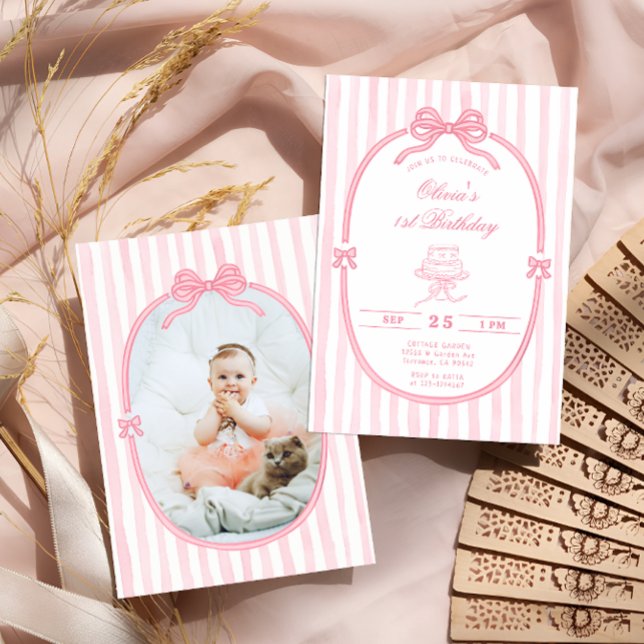 Pink Bow 1st Birthday Girl Photo Invitation Einladung (Von Creator hochgeladen)