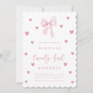 Pink Bow 21st Heart Aesthetic Elegant Birthday Einladung
