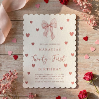 Pink Bow 21st Heart Aesthetic Elegant Birthday Einladung