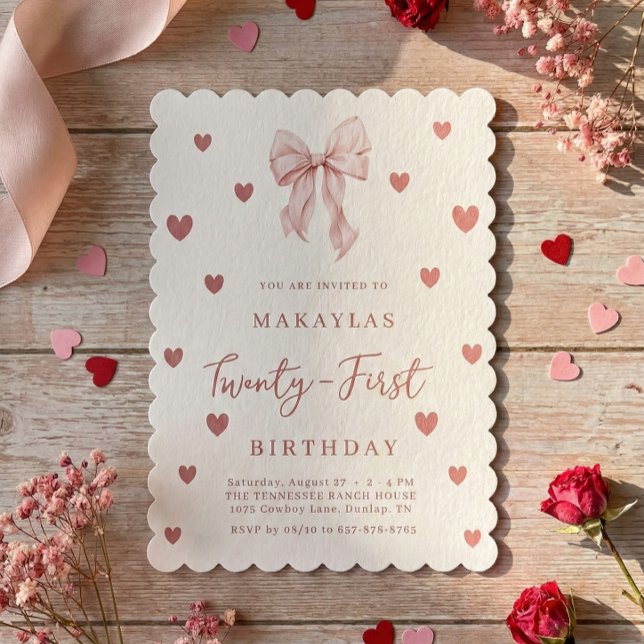 Pink Bow 21st Heart Aesthetic Elegant Birthday Einladung (Von Creator hochgeladen)