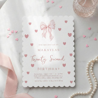 Pink Bow 22nd Heart Aesthetic Elegant Birthday Einladung