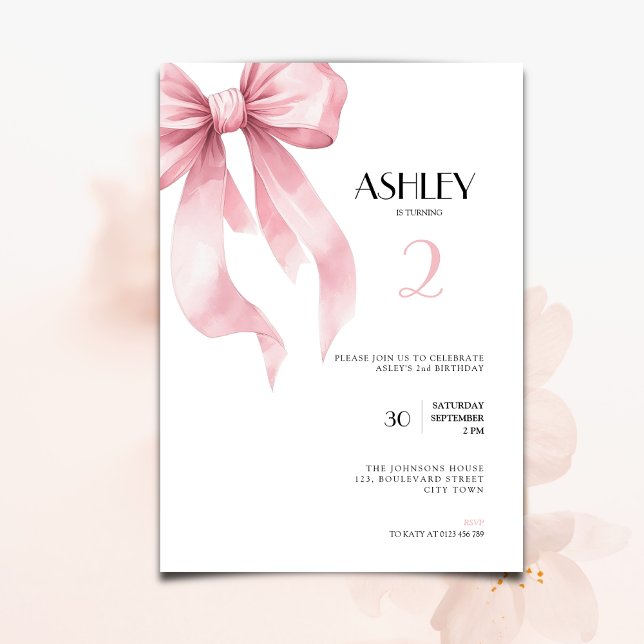 Pink Bow 2nd Birthday Invitation for Girls (Pink bow coquette ribbon 2nd birthday invitation for girls.)