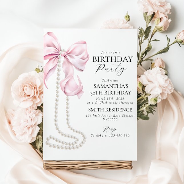 Pink Bow and Pearls 30th Birthday Party Invitation (Créateur téléchargé)