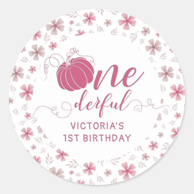 PINK BOW & ARCH FALL PUMPKIN FLOWERS BIRTHDAY RUNDER AUFKLEBER (Vorderseite)