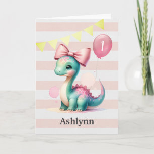 Pink Bow Baby Dinosaur 1ère carte d'anniversaire