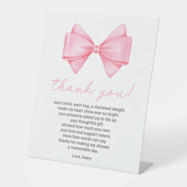 Pink Bow Baby Dusche Danke, Gedicht Sockelschild (Vorderseite)