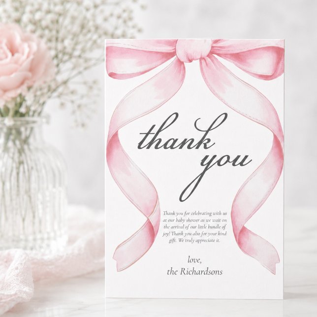Pink Bow Baby Dusche Danke Karte (cute custom pink coquette bow baby shower thank you card)