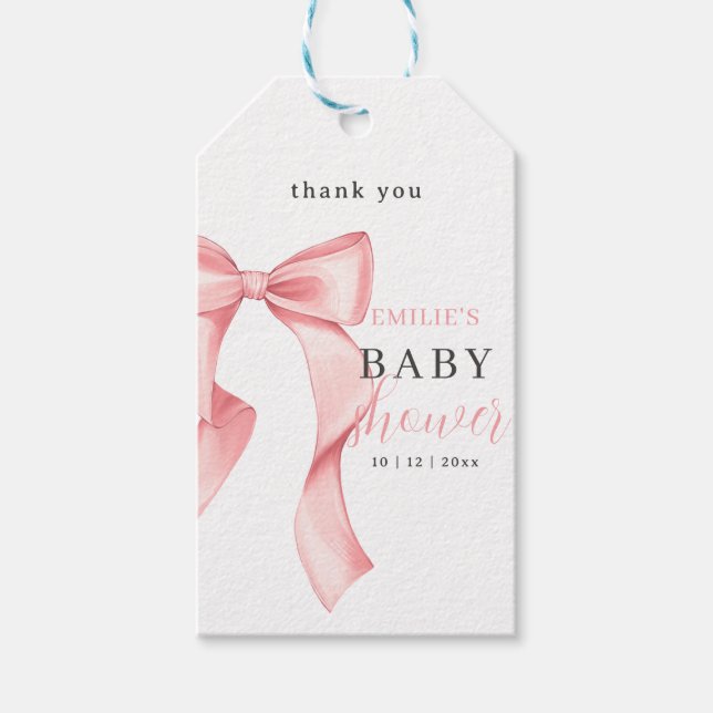 Pink Bow Baby Dusche Einladung, rosa Coquette Geschenkanhänger (Vorderseite)