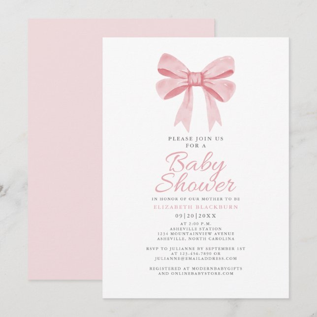 Pink Bow Baby Dusche Girly Coquette Elegante Paste Einladung (Vorne/Hinten)