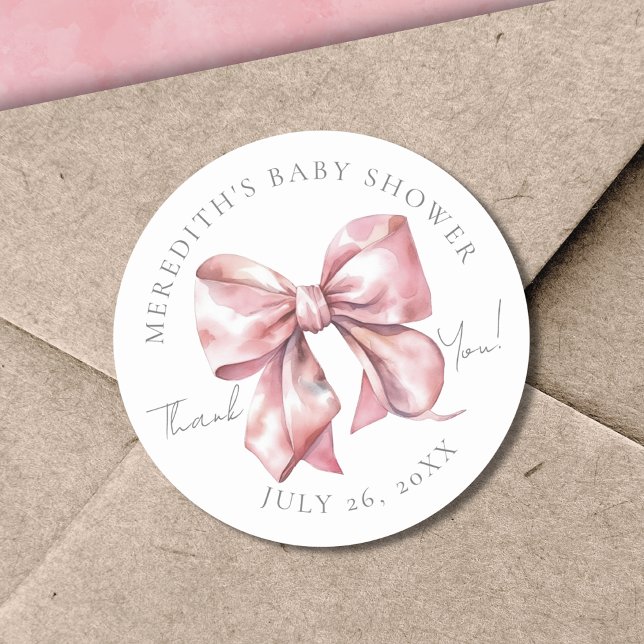 Pink Bow Baby Dusche Runder Aufkleber (Pink Bow Baby Shower Thank You Classic Round Sticker)